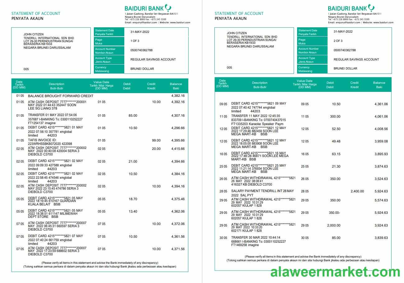 Brunei Baiduri bank statement, Word and PDF template, 3 pages